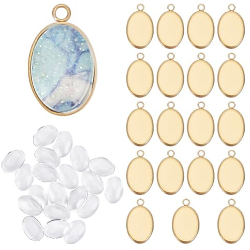 HOBBIESAY 20 Sets Golden Oval Blank Pendants Bezel Trays Cabochons Blanks Stainless Steel Pendant Cabochon Settings with Glass Cabochon for Bridal Wedding Bouquet Graduation Cap Jewelry Making