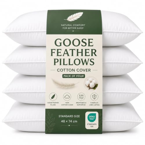 VL 1200gsm Goose Feather Pillows 4 Pack Soft Anti-Allergic Dust Mite Hotel Quality Luxury Cotton Soft Fluffy Goose Down Pillows Pairs for Back and Side Sleepers 48 X 74cm (Set Of 4)