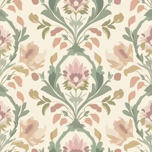 FunStick Carta da Parati Camera da Letto Fiori Damascati Beige e Rosa Carta Adesiva per Mobili Foglie Verdi Rivestimento Parete Soggiorno Pellicola Adesiva Mobili Floreale Damascato Beige 44.5CMx3M