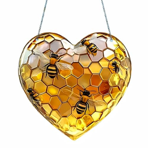 1pcs Honeycomb Heart Suncatcher,2D Window Sun Catcher,Bee Sun Catchers for Windows,Stained Glass Window Hangings,Hanging Decorations for Home,Bee Lover Window Decorations,Garden Hanging Ornaments