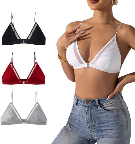 Cotorance Womens Cotton Bra No Underwire Unlined Plunge Front Closure Triangle Bralettes, 3pack Black/Red/Grey, S