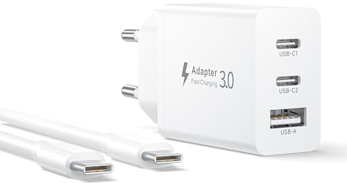 Caricatore 30W con Cavo USB C 2 Metri, 3 Porte 30W Presa Multipla Caricabatterie Rapido Caricatore USB C Presa Alimentatore USB Charger per iPhone 17Air/16E/16 15 Pro Max/16 15 Plus, iPad Air Mini