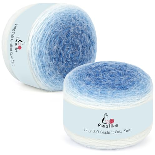 Aeelike Gradient Yarn Cake 2 x 190g - 71% Acrylic 29% Nynon - Soft Plush Cake Yarn for Crochet, Ombre Double Knitting Wool for Baby Blanket Scarf Socks Bags - Gradient Blue