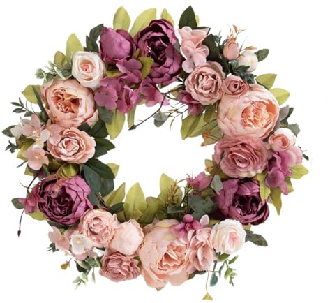 Wswqop Ghirlanda Primaverile per Porta D'ingresso, Decorazioni in Stile Fattoria con Peonie Artificiali, Ghirlanda Da 16 Pollici per Giardino, Casa, Pasta di Fagioli Viola