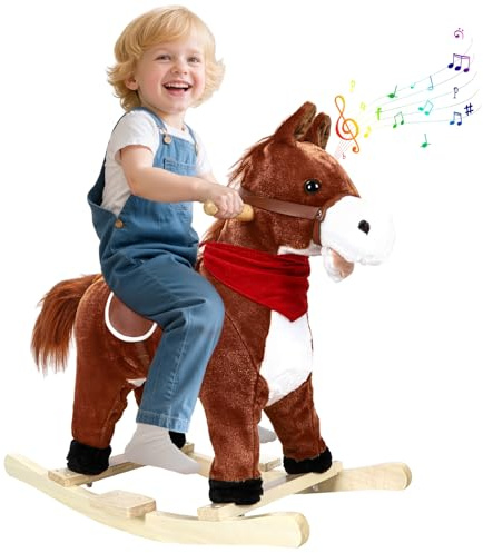 PAPABA Plush Rocking Horse for Toddlers Age 1-6, Wooden Rocker with Moving Mouth & Wagging Tail, Musical with Sounds, 50kg Capacity Dark Brown Small