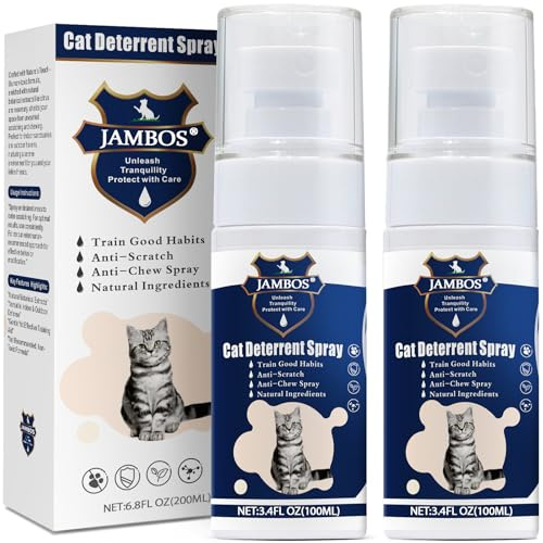 JAMBOS 2 Bottles Cat Deterrent Spray – Natural, Non-Toxic Anti-Scratch Spray for Cats & Kittens – Indoor & Outdoor Pet Training Aid – Furniture & Carpet Protector (Light Blue, M)