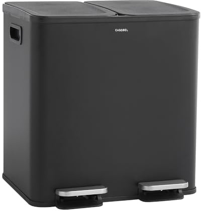 CASABEL Mülleimer Küche 2 Fächer, 2x15L - 100% Edelstahl, Resistent gegen Fingerabdrücke, Geruchsdicht, Abfalleimer mit Deckel, Mülltrennsystem für Bad, Küche, Büro - Schwarz