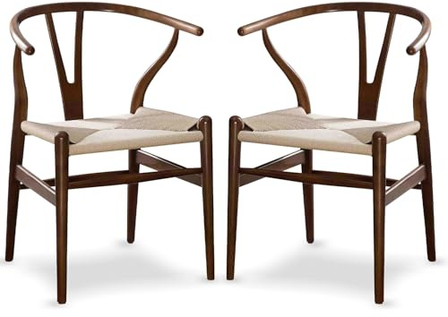 Tomile Wishbone Chair Set of 2, Rattan Dining Chairs with Arms (Walnut) | Solid Ash Wood, Mortise & Tenon Joinery, Ergonomic Y Back, 300 LBS Capacity, Non-Slip Felt Pads, Fully Assembled