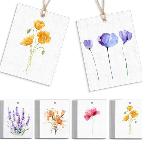 50 Pcs Floral Gift Tags with String - 5 Elegant Watercolor Flower Designs Blank Paper Tags for Wedding, Birthday, Bridal Shower, Party Favors and DIY Craft Decorations (2 x 3 inches)