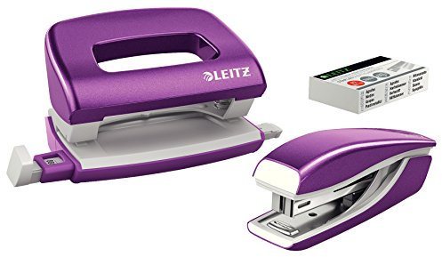 Leitz 55996062 Mini-Heftgerät-und Locher-Set (für bis zu 10 Blatt, Inkl. Heftklammern, WOW) metallic violett