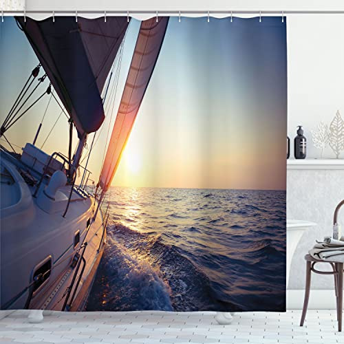 Ambesonne Sailboat Nautical Shower Curtain, Sail Boat Gliding in Open Sea at Sunset Leisure Vessel Windy, Cloth Fabric Bathroom Decor Set with Hooks, 69 W x 70 L, Yellow White Peach