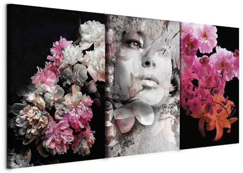 murando - Tableau triptyque mural Ensemble 120x60 cm (3 pièces de 40x60 cm chacune) – Impression sur toile avec cadre pour salon et chambre - Femmes fleurs nature portraits plantes n-C-0230-b-e