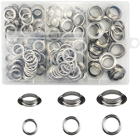 Trousse à Oeillets pour Bâche,Oeillet de Rondelle Kit,140 Pièces Oeillet et 140 Pièces de Rondelle, 12 mm/14 mm/17 mm,pour Chaussures Vêtements Toile Bâche Sacs à Main, Argent