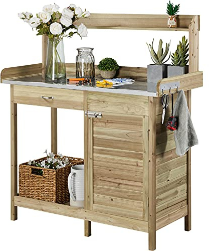 Yaheetech Garden Wooden Potting Table, Planting Workbench, Light Green