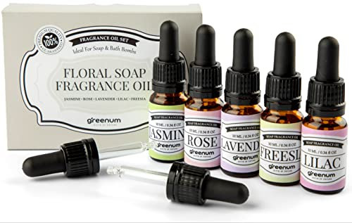 greenum GIFTS OF NATURE Seifenduftöl Set - 5 x 10 ml Hochwertige, Blumige Düfte für Seifenherstellung - Jasmin, Rose, Lavendel, Flieder & Freesie - Vegan, Ideal für Glycerinseife