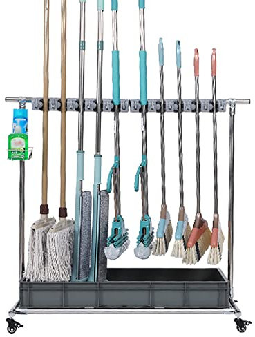 Beweglich Gerätehalter für Garage Tool Organizer, Mop Halter Werkzeughalter Aufbewahrungssystem Edelstahl Besenhalter Mop Broom Holder Garden Garage Aufbewahrung (10slots)