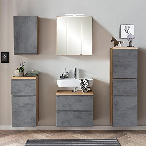 Lomadox Badmöbel Set mit Midischrank, stehend oder hängend, in Wotan Eiche Nb. mit Beton Optik, B/H/T ca. 170/200/35 cm