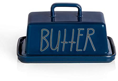 Sweejar Home Ceramic Butter Dish with Handle Lid, 18 cm Porcelain Large Butter Keeper with Cover, Perfect for East/West Butter (Navy)