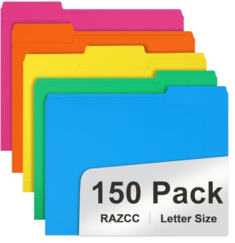 File Folder, RAZCC 150 Pack 1/3 Cut Tab Colored File Folders, File Folder Letter Size for Office Classroom Use, Assorted 5 Colors Folders with Tabs