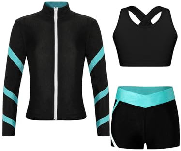 MSemis Mädchen Trainingsanzug Sportanzug 3Pcs Jogginganzug Kinder Sportset Langarm Jacke +Weste+Sporthose Jogging Suit Sportswear Schwarz & Blau Grün 146-152