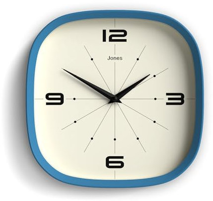 Jones Clocks® Pulsar wall clock | Retro rounded square clock | 25cm | Blue | Cool designer look for kitchen, living room or office