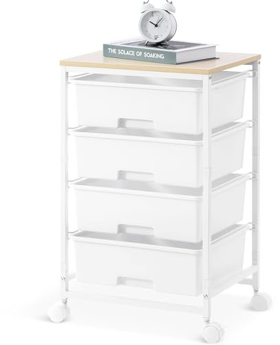 SYKIARIOL 4 Schubladen Rollwagen, Aufbewahrungswagen Allzweckwagen auf Rädern mit Holztischplatte,Rollwagen für Küche, Wohnzimmer, Schlafzimmer, Einfache Bewegung, Große Kapazität,4 Schubladen,Weiß