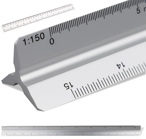 Regola triangolare, 1:20, 1:25, 1:50, 1:75, 1:100, 1:125 (argento) 30 cm, con 1 righello trasparente da 30 cm
