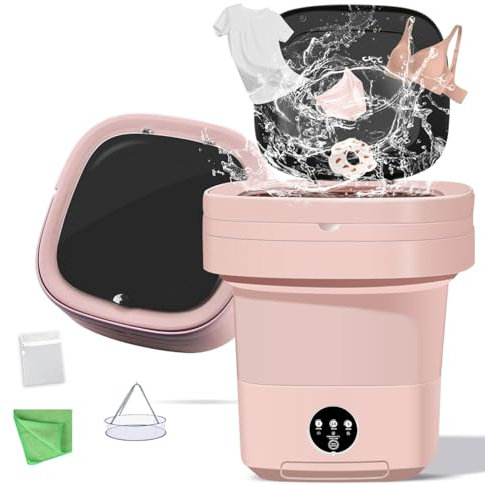 POPPYLANE Portable Washing Machine, 11L Foldable Washer & Spin Dryer with Laundry Bag & Drying Net & Microfiber Cloths, Laundry Machine with 3 Cleaning Modes for Baby Clothes and Underwear (Pink)