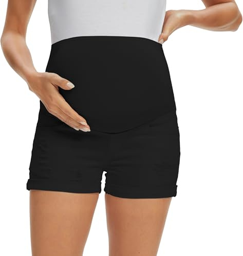 Foucome Maternity Denim Shorts Over Bump | Rolled Hem, Casual Ripped Jean Shorts, Trendy Distressed Pregnancy Shorts