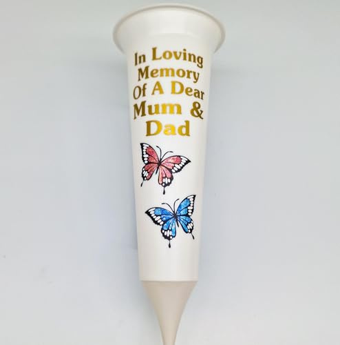 Memorial Vase for grave with Butterfly Design, White Cone Spike, In Loving Memory of Mum & Dad