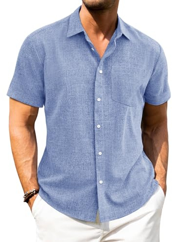J.VER Summer Shirts for Men Linen Short Sleeve Blue Summer Smart Casual Beach Holiday Button Down Shirt L