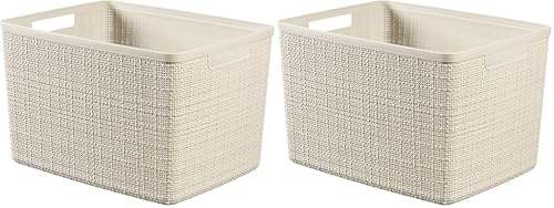 CURVER Panier de Rangement Rectangulaire Jute 20L - Pour Organiser Toute la Maison - Emboîtable, Facile à Transporter - 100% recyclé - 36,2 x 28,2 x 23 cm - Blanc cassé (Lot de 2)
