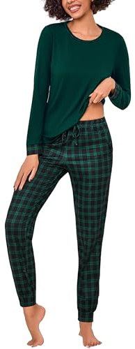 Litherday Women's Pyjama Sets Cotton Long Sleeve Ladies Pjs Loungewear Sleepwear 2 Pieces Soft Nightwear Top and Plaid Bottom with Pocket Dark Green