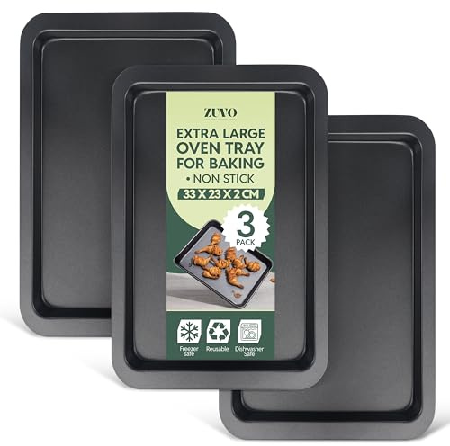 Zuvo - Baking Trays (3 Pack) – 32cm Oven Trays for Baking, Roasting & Cooking – Carbon Steel Baking Sheets with Easy Clean Non-Stick Coating – Oven & Dishwasher Safe