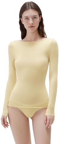 SUUKSESS Cloud Cashmere Women Boat Neck Fitted Long Sleeve Shirt Basic Knit Tops Yellow