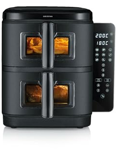 Severin Duo Stack Heißluftfritteuse, 2 x 5,5 L Garraum, 2 Kammern, gesundes Kochen, 9 Automatik-Programme, Fritteuse ohne Fett, platzsparendes Design, doppelstöckig, S-Fry, 2800 W, schwarz, FR 9598
