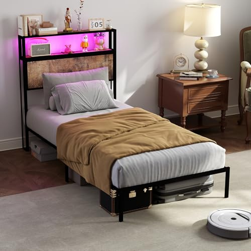 RVONOW 3ft Single Bed Frame with Headboard, 90x190cm Metal Platform Bed Frame with LED Lights, Under Bed Storage, Heavy Duty, No Box Spring Needed, Noise Free, Easy Assembly (No Charging Socket)