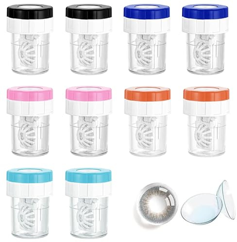 YOYEAH Juego de 10 recipientes para lentes de contacto, multicolor, plástico, 4,8 x 3,4 cm, limpiador manual de lentes con función rotativa, portátil, para lentes suaves, hogar y viajes