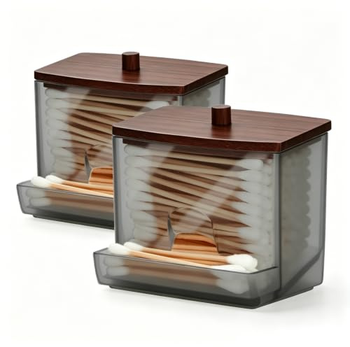 2pcs Boîte à cotons-tiges en acrylique,distributeur de cotons-tiges,boîte de rangement avec couvercle en bambou,Pour salle de bain, chambre à coucher, lavabo