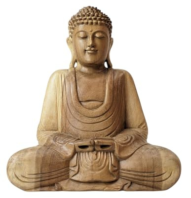Artisanal Statue Bouddha Assis en Position du Lotus 30cm Bois sculpté Main