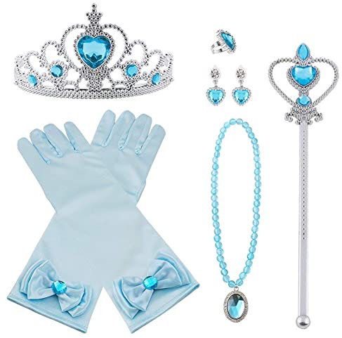 Vicloon Ensemble de Bijoux Princesse Couronne d'elsa, Bleu 9 PCS Princesse Accessoires pour Costume Dress Up, Diadème Couronne Baguette Magique Collier Gants Boucles Dd'oreilles pour Filles Cosplay