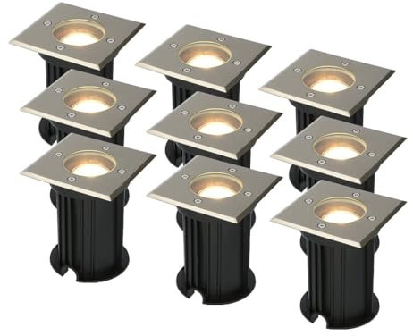 HOFTRONIC - 9er Ramsay Terrassen Einbaustrahler GU10 Edelstahl Eckig 5 Watt 400 Lumen Boden Licht 2700K Extra Warmweiß LED Einbauleuchte IP67 Wasserdicht - Dimmbarer Bodeneinbauleuchte außen