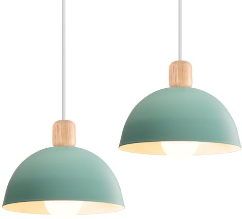 iDEGU 2 Stück Ø20cm Hängelampen Retro E27 LED Hängeleuchte Moderne Skandinavisch Deckenleuchte aus Metall Holz Pendelleuchte für Schlafzimmer Esszimmer Küche Restaurant (Grün, 2 Lampen)