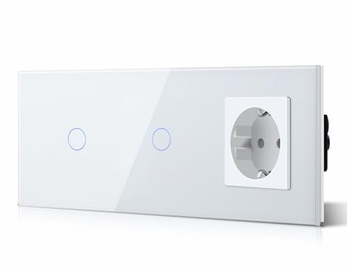BSEED Doppelt Touch Lichtschalter 1 Fach 2 Wege Schalter mit Steckdosen, Kein Neutralleiter, KEIN-WIFI, Gehärtete Kristallplatte, Glas Touch-Panel Weiß 228mm