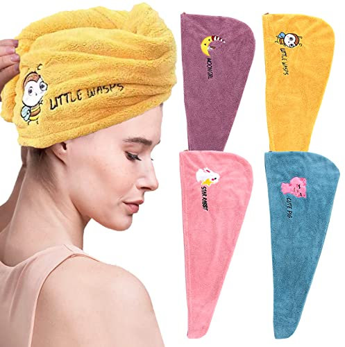 4 Stück Mikrofaser Handtuch Haare Schnell Trocknend Haartuch in 4 Farben mit Knopf, Super Saugfähig Haarturban Handtuch für Frauen und Mädchen, Schnell Trocken Salon Reisen Bad Kopf Wrap (Tiere)