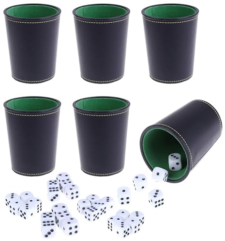 Leather Dice Cup, Quite Felt-Lined Interior, 6 Shaker Cups and 30 Dot Dices, one Carry Bag (Black and Green)