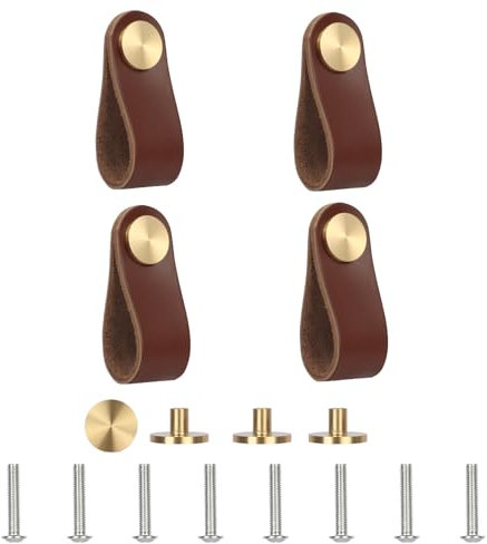 Lollanda 4 Stück Ledergriffe Für Möbel, Schrankknöpfe Mit Schrauben, 13 x 2,5 cm Türgriff für Küche, Bad, Schränke, Kommode, Holz, Kleiderschrank (Braun, 4)