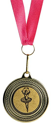 Pokal-Fabrik - Ballerina-Medaillen 10er Set Metall - Ballerinamedaille golden zum Umhängen für Siegerehrungen - Medaillen Kinder mit rosa Band & Emblem für Vereine & Turniere