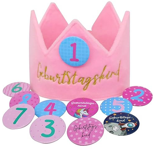 Sugeru Geburtstagskrone Samt mit 11 Buttons Zahlen von 1-8 für kinder mädchen junge | krone geburtstag | kindergeburtstag Party deko | partyhüte | Rekordwachstum der Kinder | Wiederverwendbare (Rosa)