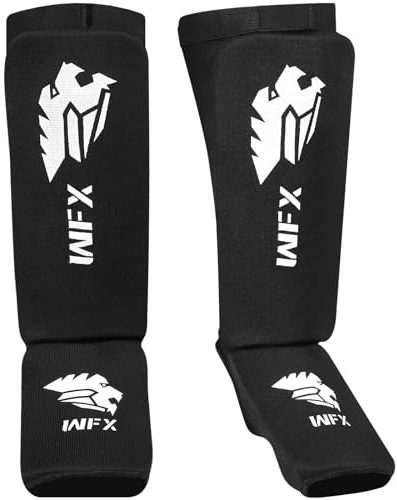 WFX Shin Guards for Kickboxing Leg Instep Protection Pads Muay Thai MMA Training Boxing Sparring Elasticated Padded Leg Foot Protector for Martial Arts karate BJJ Taekwondo Men Women (L, Black)